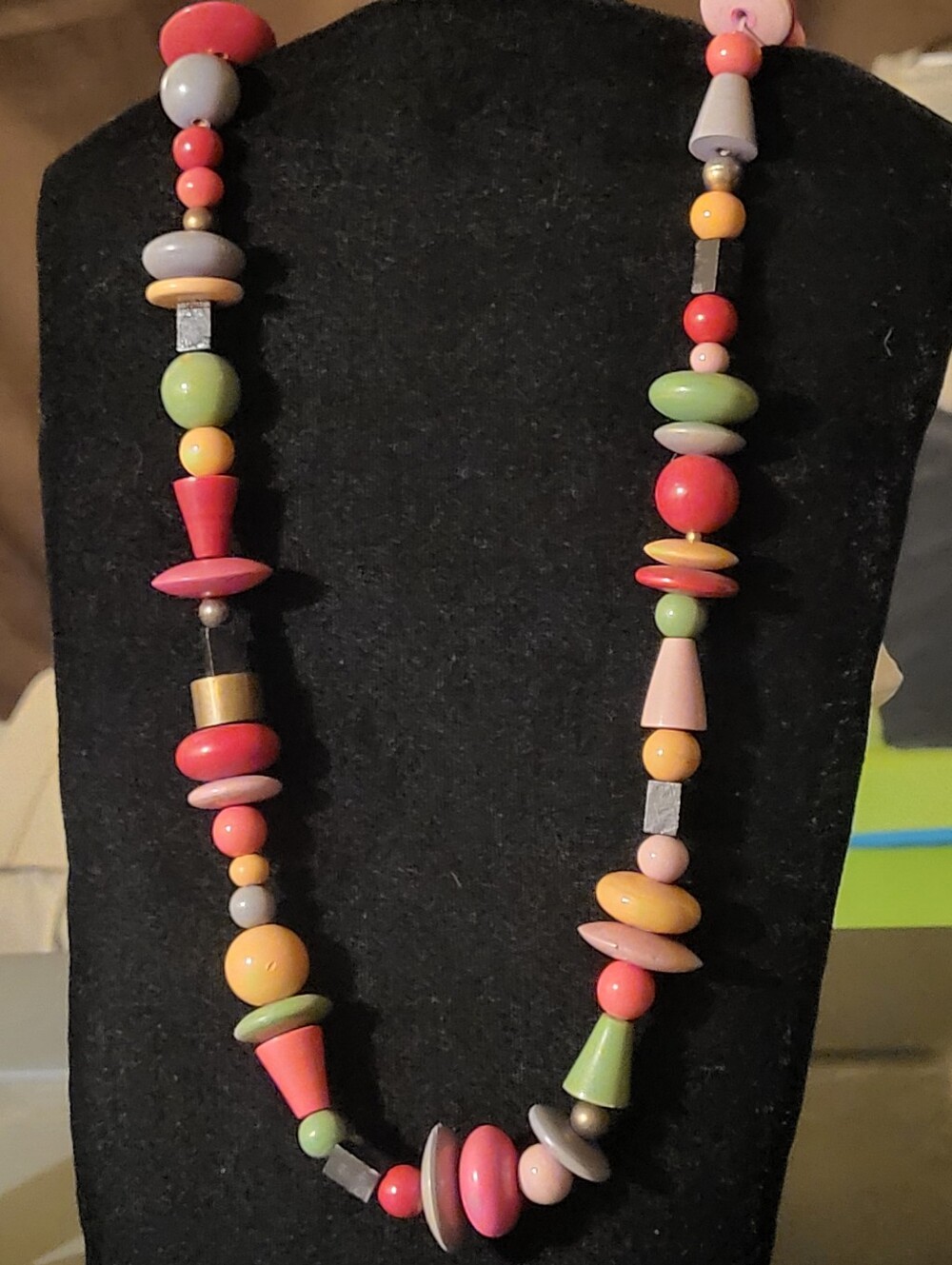 Vintage 80s Multicolor Geometric Beaded Statement Necklace Retro Colorblock